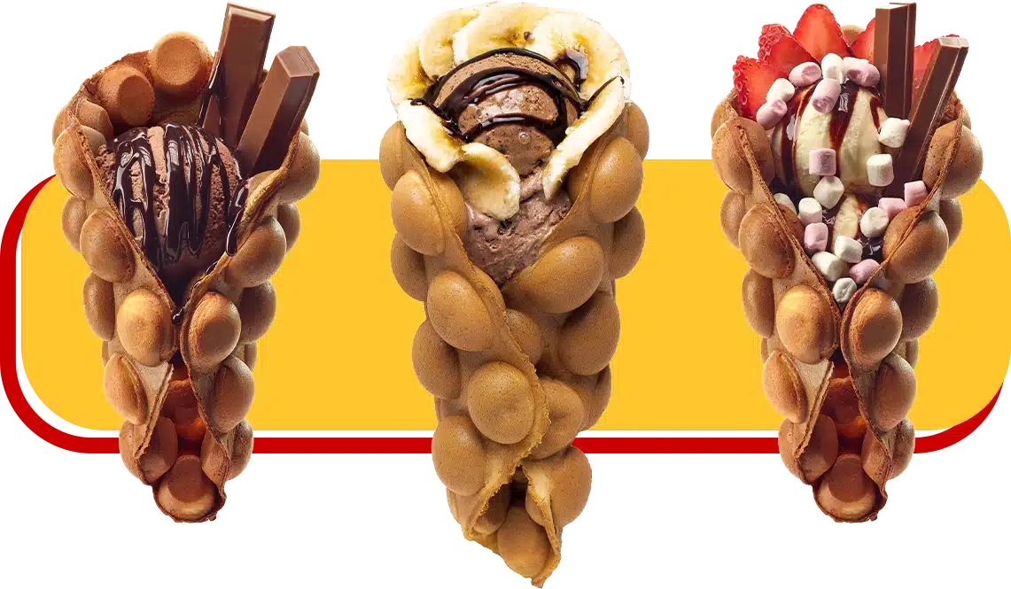 Bubble waffles au chocolat, chocolat-banane, et fraise chez BONUKA